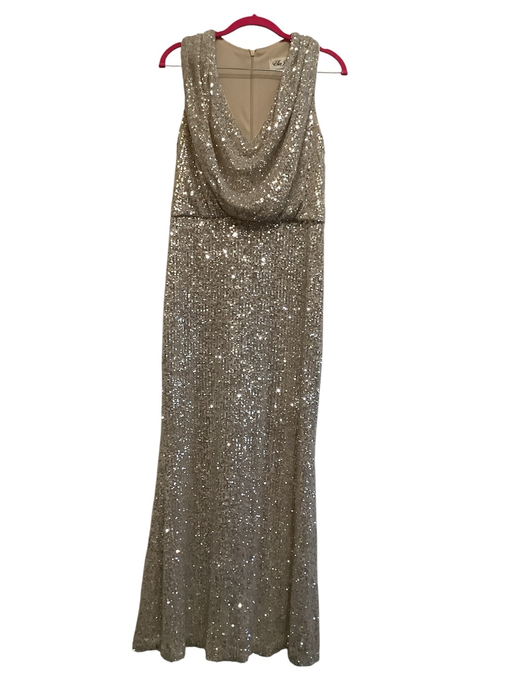 Eliza J Champagne Sequin Draped Evening Gown
